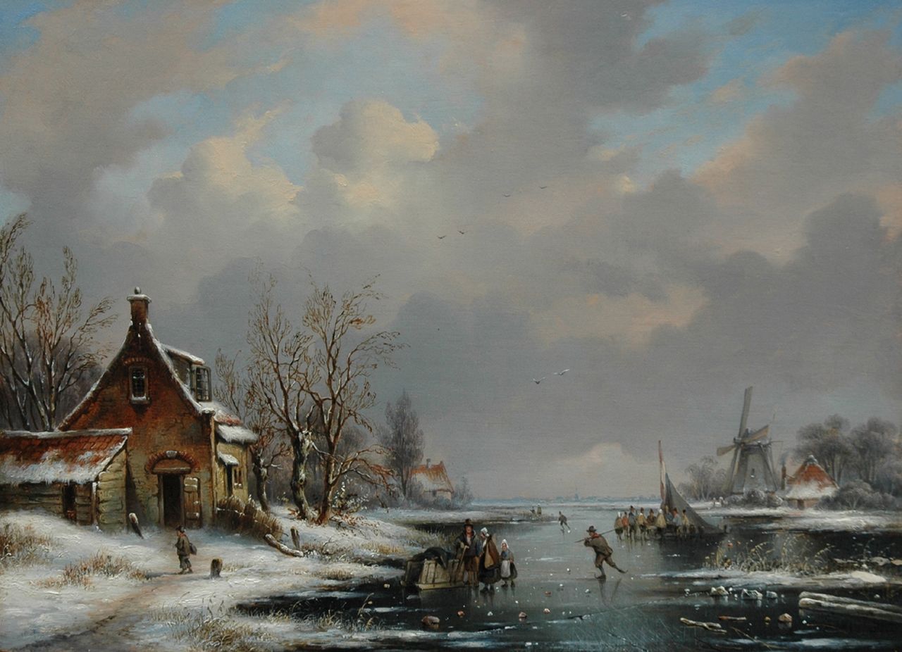Hendriks G.  | Gerardus 'George Henry' Hendriks, A winter scene with a mill, a farmer's shed and skaters on a frozen river, oil on panel 28.6 x 39.2 cm