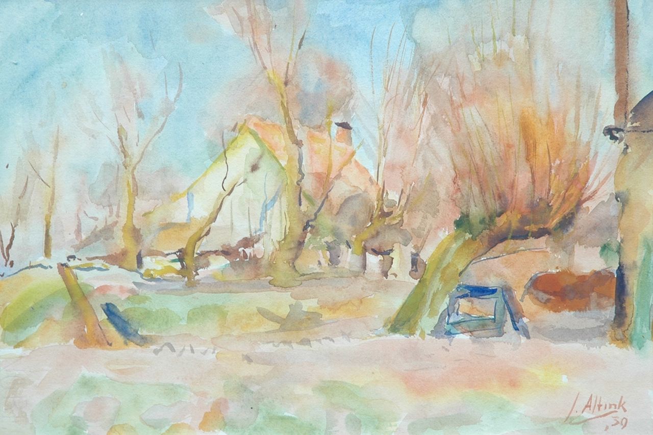 Altink J.  | Jan Altink, Farmhouse behind pollard willows, watercolour on paper 31.5 x 44.0 cm, signed l.r. and dated '39