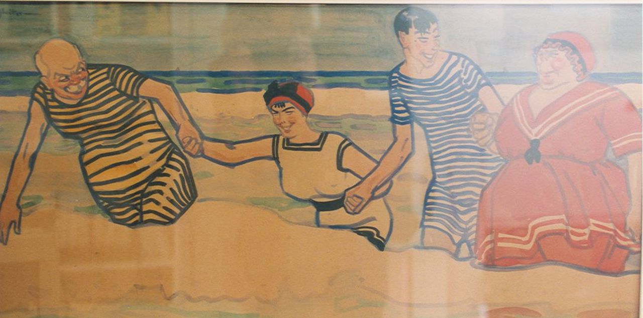 Sluiter J.W.  | Jan Willem 'Willy' Sluiter, A family in the surf, watercolour on paper 42.5 x 85.5 cm, signed u.l.