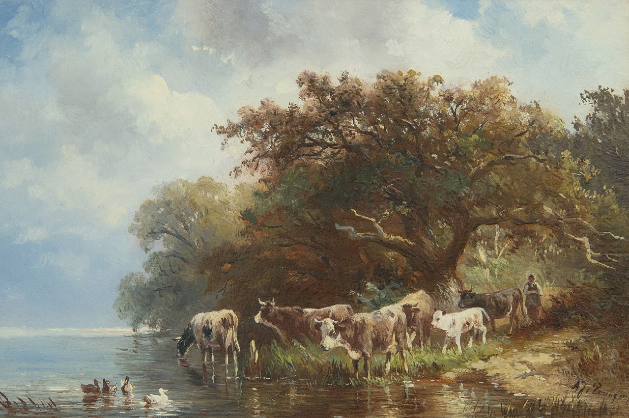 Prooijen A.J. van | Albert Jurardus van Prooijen | Paintings offered for sale | A cowherd with cattle by a river, oil on panel 19.7 x 29.1 cm, signed l.r.