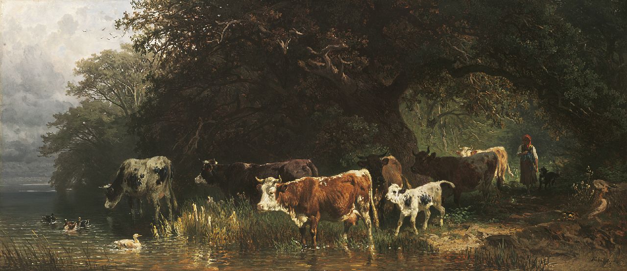 Voltz J.F.  | Johann 'Friedrich' Voltz, Cattle by the Starnberger See, oil on panel 39.6 x 90.4 cm, signed l.r. and dated '70