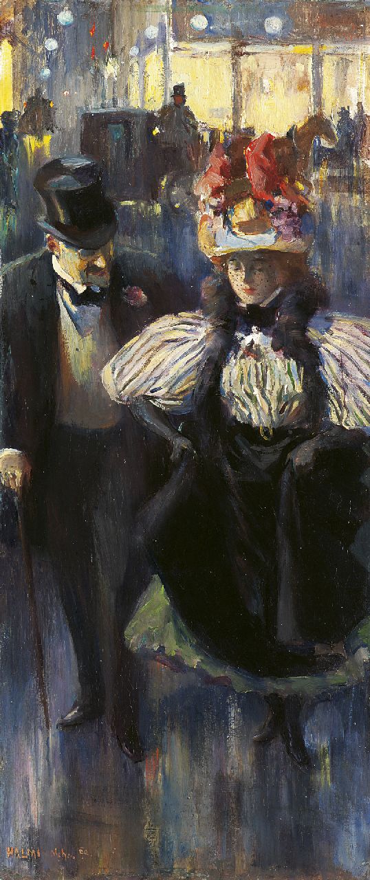 Halmi A.L.  | Artur Lajos Halmi, The theatre-goers, oil on painter's board 46.3 x 20.2 cm, signed l.l. and dated 'Mchn. [München] '99'