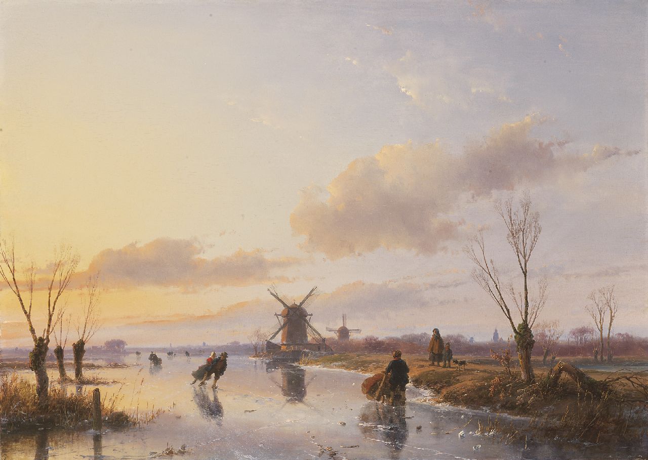 Schelfhout A.  | Andreas Schelfhout, Skaters on a Dutch waterway at sunset, oil on panel 47.1 x 66.3 cm, signed l.r. and dated 1845