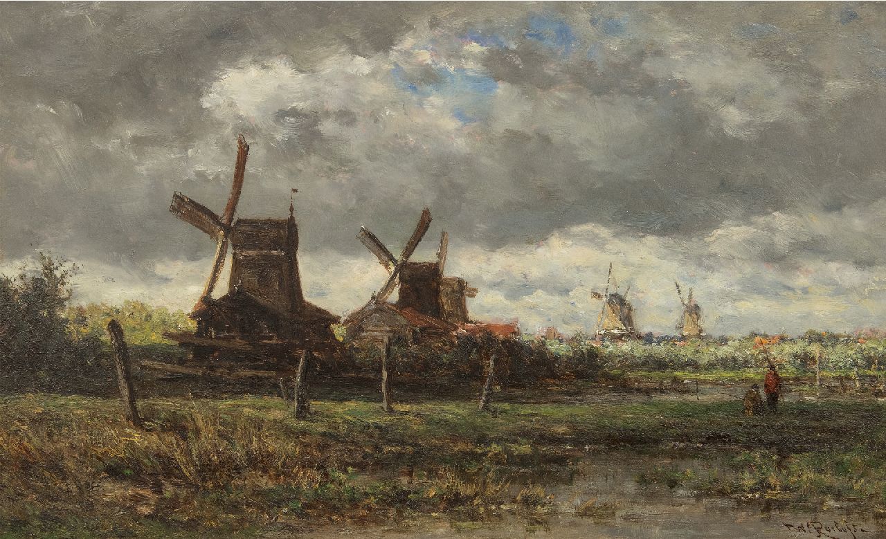 Roelofs W.  | Willem Roelofs, Sawmills along the Noordendijk near Dordrecht, oil on panel 28.7 x 47.6 cm, signed l.r. and painted ca. 1872-1875