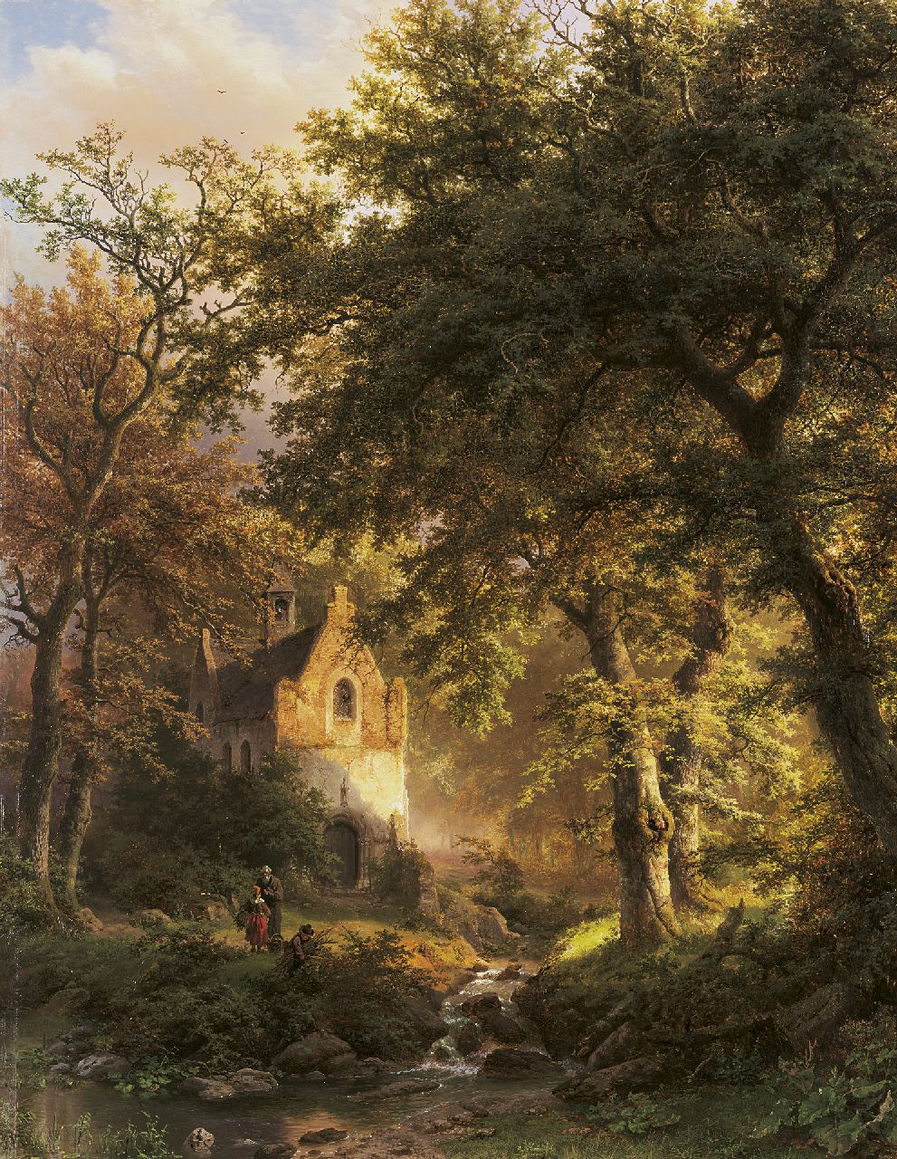 Koekkoek B.C.  | Barend Cornelis Koekkoek, A wooded landscape with a chapel at sunset, oil on panel 97.3 x 80.4 cm, signed l.r. and dated 1850