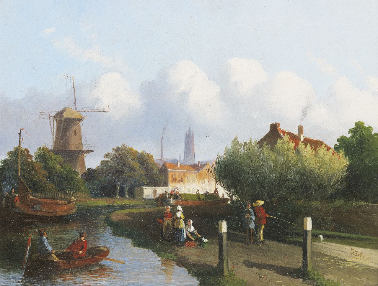 Bles J.  | Joseph Bles, Figures along a Dutch canal, oil on panel 20.7 x 26.1 cm, signed l.r.