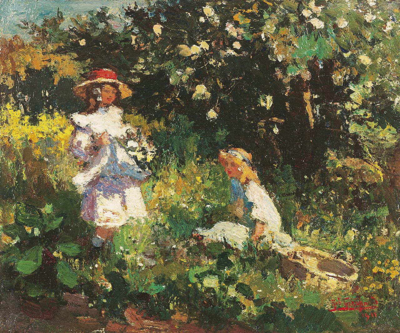 Graafland R.A.A.J.  | Robert Archibald Antonius Joan 'Rob' Graafland, Picking flowers, oil on panel 28.2 x 33.6 cm, signed l.r. and dated 1911