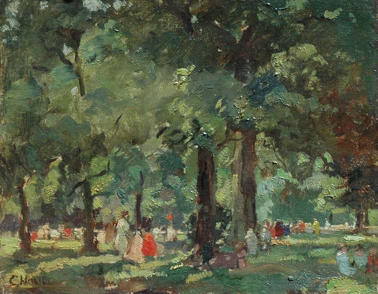 Noltee B.C.  | Bernardus Cornelis 'Cor' Noltee, Summer in the park, oil on canvas laid down on panel 31.7 x 39.2 cm, signed l.l.