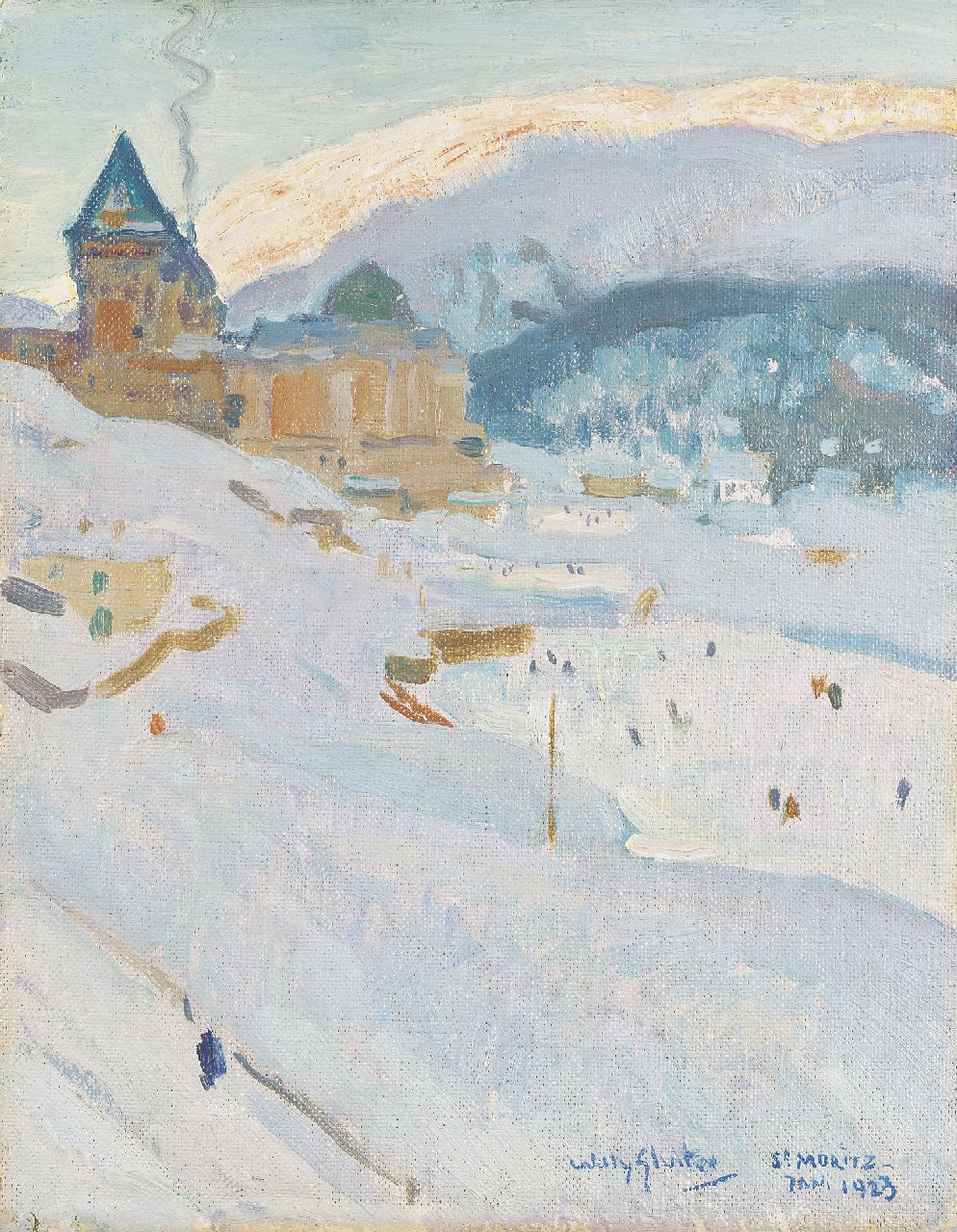 Sluiter J.W.  | Jan Willem 'Willy' Sluiter, St. Moritz with the Palace Hotel in winter, oil on painter's board 34.8 x 26.9 cm, signed l.r. and dated Jan. 1923