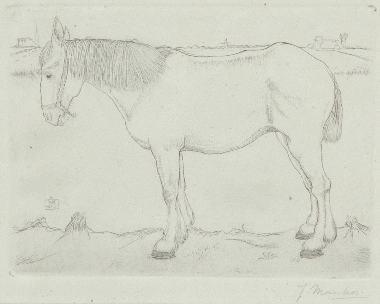 Mankes J.  | Jan Mankes, Standing horse, copper engraving on paper 11.8 x 15.8 cm, signed l.r. in full and c.l. with monogram in the plate and executed in 1917