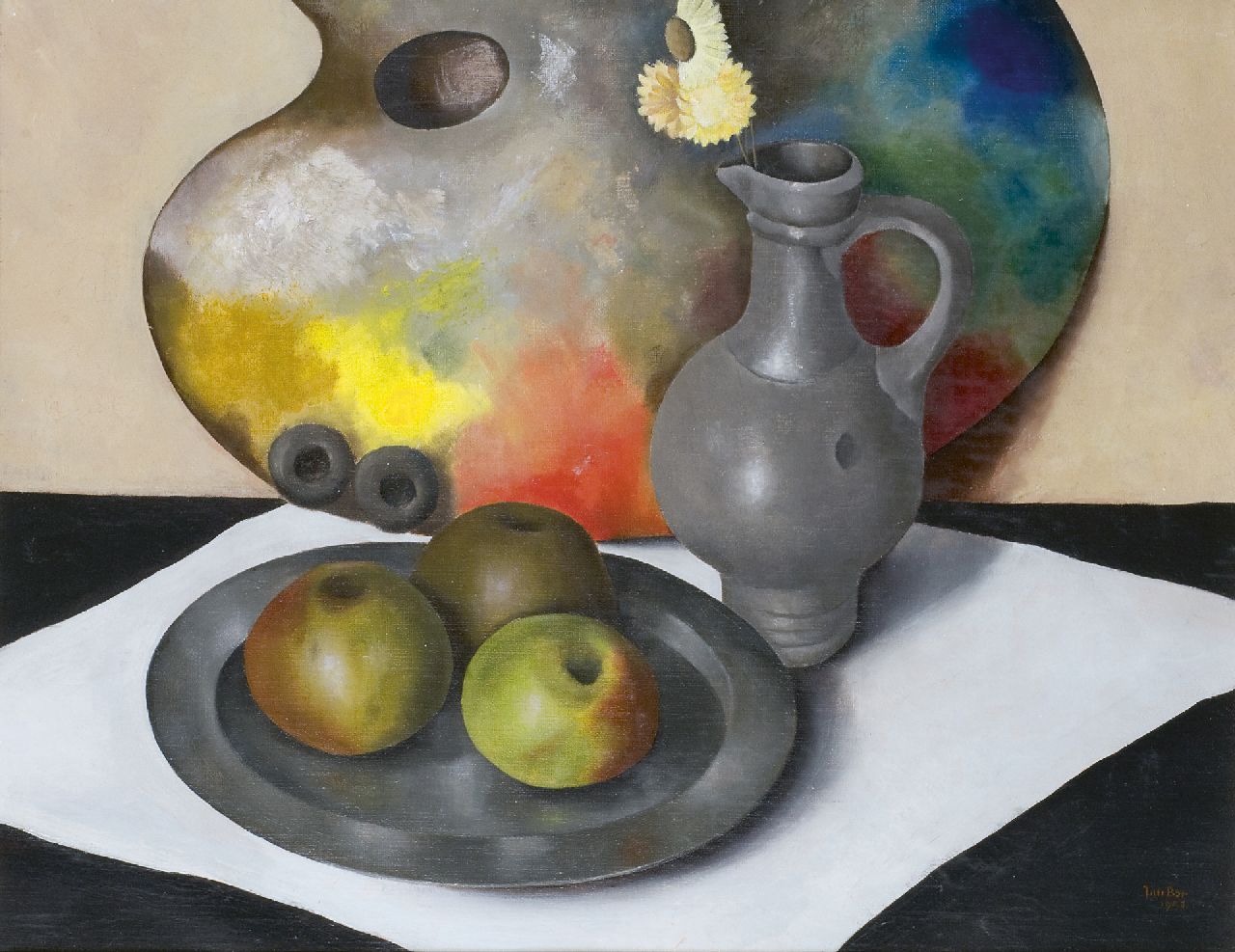 Bor J.  | Jan Bor, Still life with palette, apples, tinware and a jug, oil on canvas 39.8 x 50.3 cm, signed l.r. and dated 1943