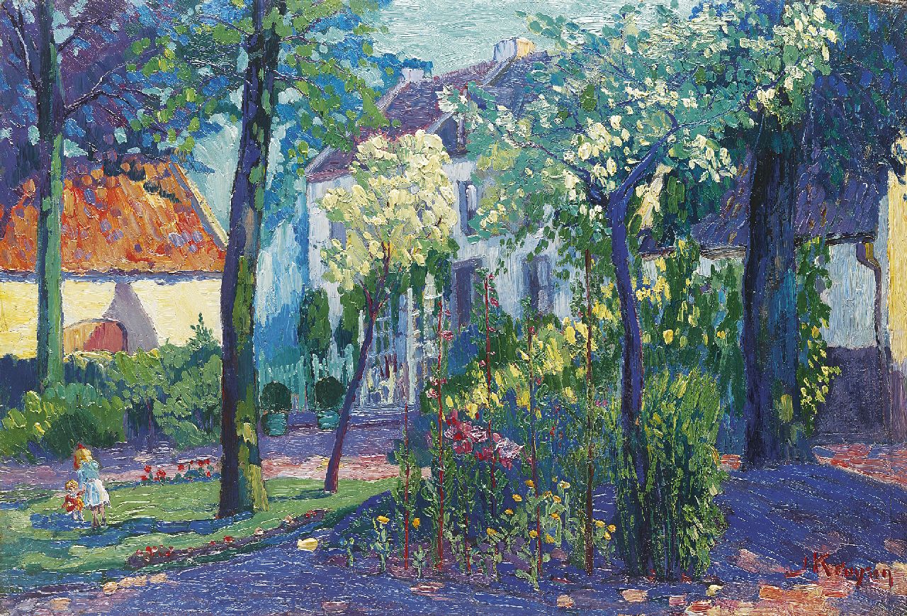 Kruysen J.  | Johannes 'Jan' Kruysen, A sunlit garden, oil on board 50.8 x 75.3 cm, signed l.r.