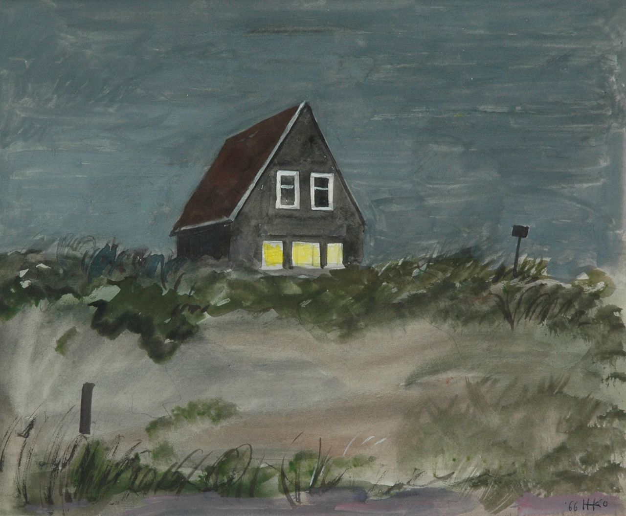Kamerlingh Onnes H.H.  | 'Harm' Henrick Kamerlingh Onnes, House in the dunes, Terschelling, pencil and watercolour on paper 23.5 x 28.4 cm, signed l.r. with monogram and dated '66