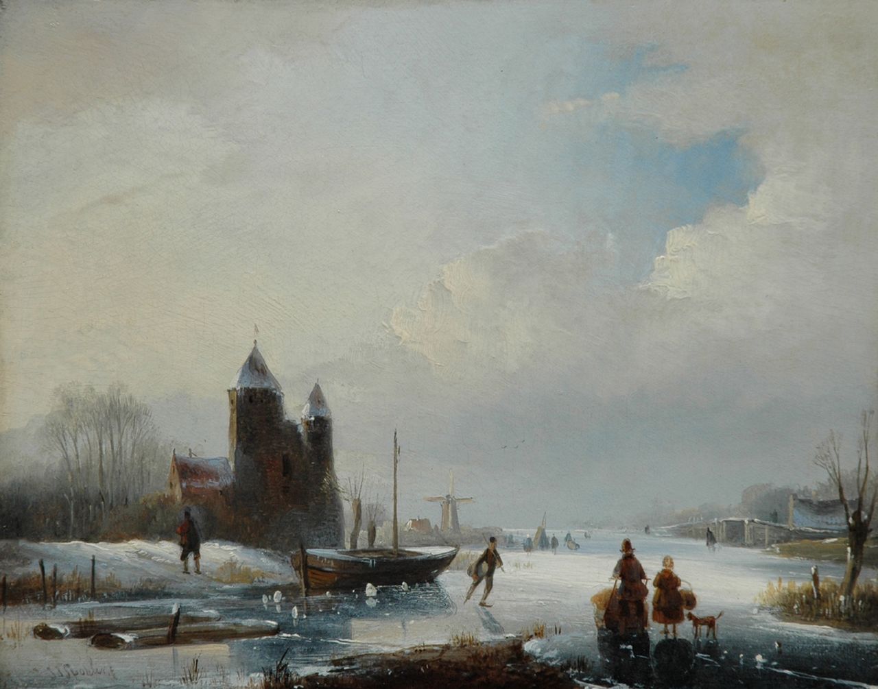 Spohler J.J.  | Jan Jacob Spohler, A winter landscape with skaters, oil on panel 20.5 x 26.2 cm, signed l.l.