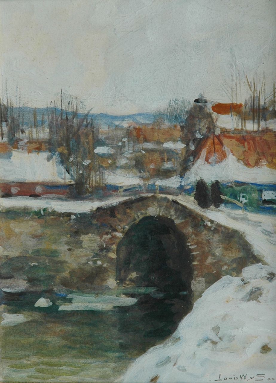 Soest L.W. van | 'Louis' Willem van Soest, Arched bridge in the snow, watercolour on paper 18.8 x 13.9 cm, signed l.r.