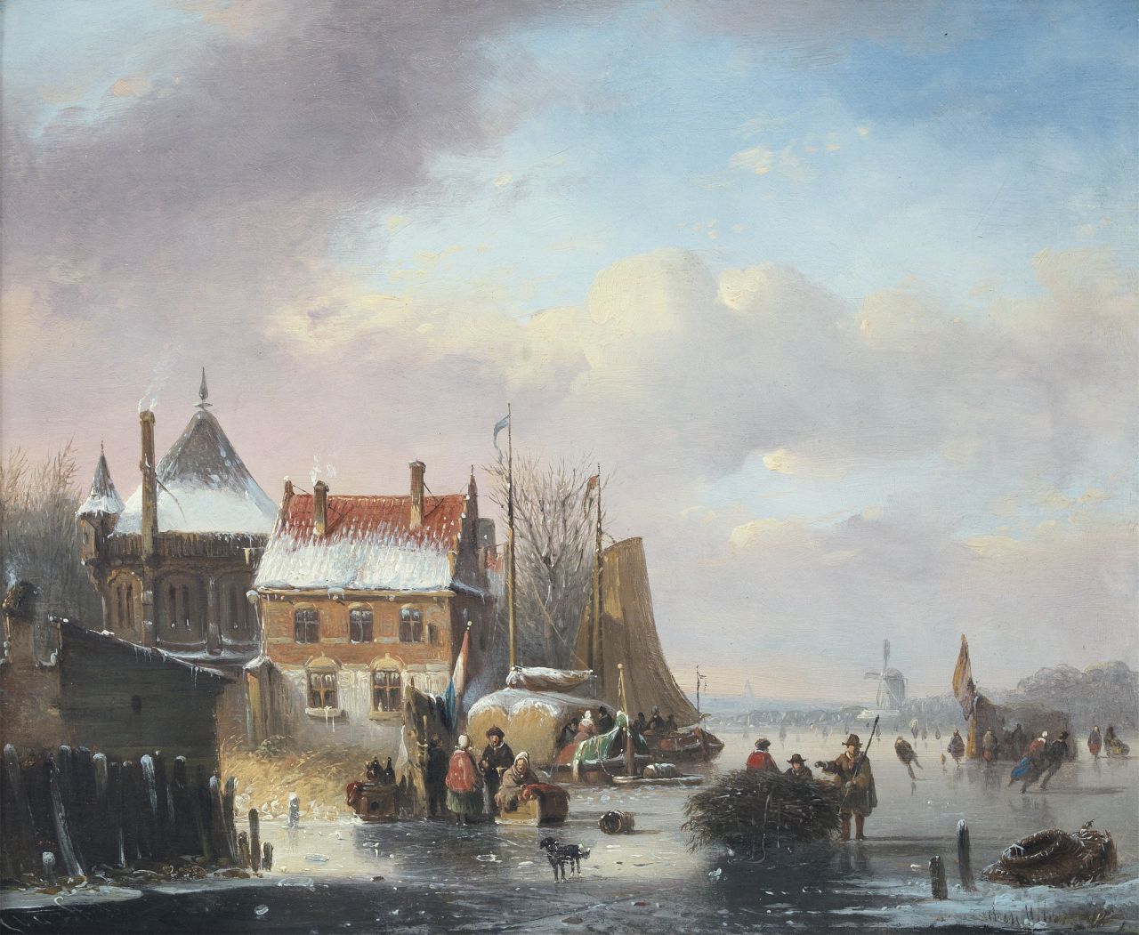 Stok J. van der | Jacobus van der Stok, Skaters on a frozen canal, oil on panel 23.2 x 27.9 cm, signed l.l.