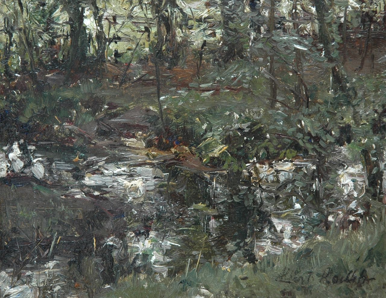 Roelofs O.W.A.  | Otto Willem Albertus 'Albert' Roelofs, Ducks in a pond, oil on panel 13.9 x 18.0 cm, signed l.r.