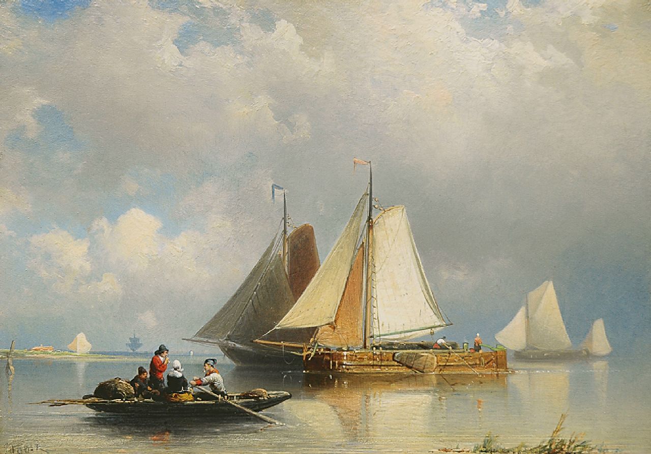 Rust J.A.  | Johan 'Adolph' Rust, Barges in shallow water in calm weather, oil on panel 23.0 x 32.9 cm, signed l.l.