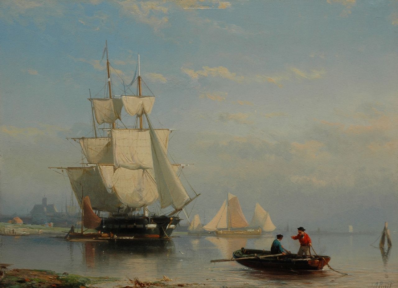Rust J.A.  | Johan 'Adolph' Rust, Ships at anchor in a calm, oil on panel 23.9 x 33.2 cm, signed l.r.