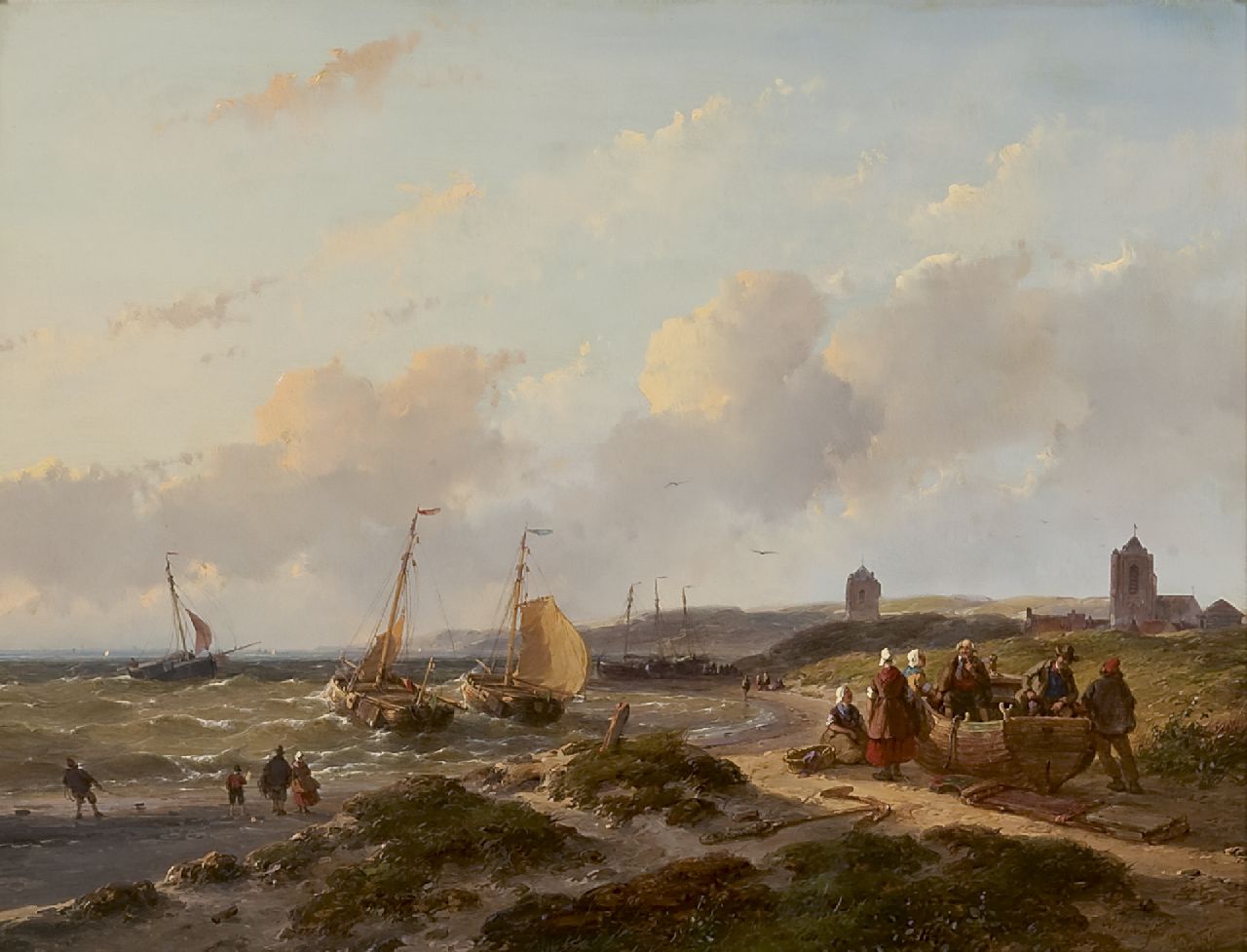 Schelfhout A.  | Andreas Schelfhout, View on Katwijk, fishing boats along the shore, oil on panel 33.5 x 44.0 cm, signed l.r. and dated '57