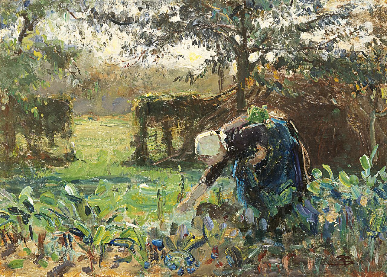 Blommers B.J.  | Bernardus Johannes 'Bernard' Blommers, In the vegetable garden, oil on canvas 25.0 x 35.3 cm, signed l.r. with monogram