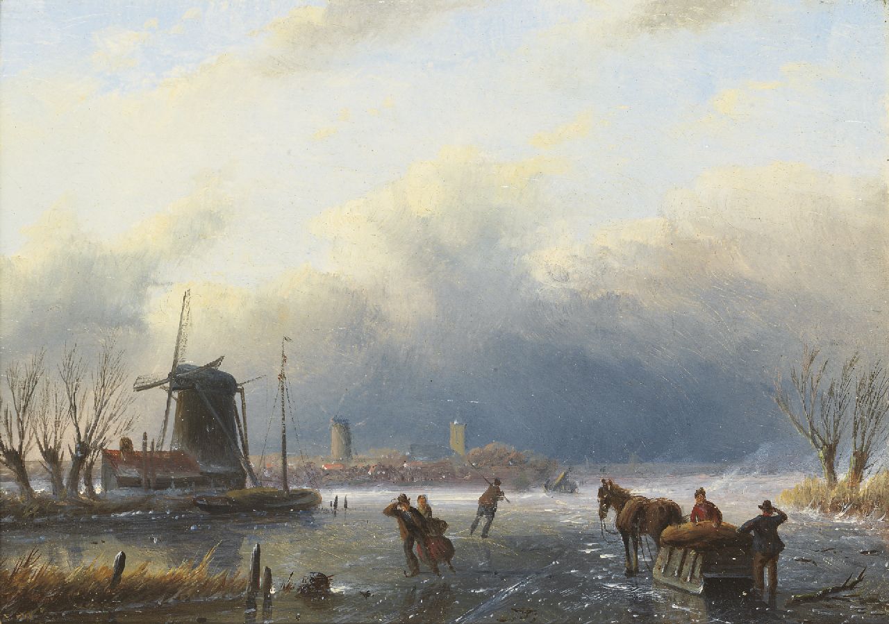 Spohler J.J.C.  | Jacob Jan Coenraad Spohler, A winter landscape with skaters and a horse-drawn sledge, oil on panel 15.4 x 21.1 cm