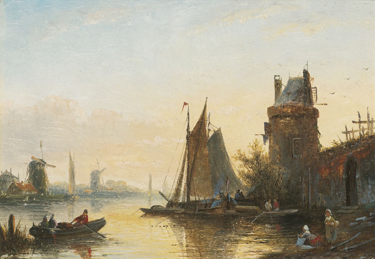 Spohler J.J.C.  | Jacob Jan Coenraad Spohler, Shipping on a river, oil on panel 15.4 x 21.0 cm