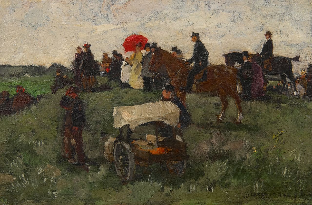 Akkeringa J.E.H.  | 'Johannes Evert' Hendrik Akkeringa | Paintings offered for sale | At the horseraces on Clingendael, oil on panel 16.5 x 25.0 cm, signed l.r. and painted ca. 1898