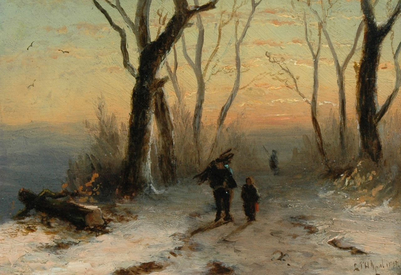 Apol L.F.H.  | Lodewijk Franciscus Hendrik 'Louis' Apol, Figures on a wintry country lane at sunset, oil on panel 11.1 x 15.4 cm, signed l.r. and dated 1867