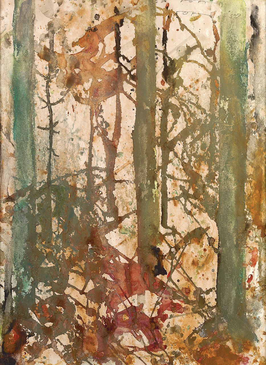 Jordens J.G.  | 'Jan' Gerrit Jordens, Fir wood, watercolour on paper 64.2 x 47.6 cm, signed u.r. (double) and dated '58