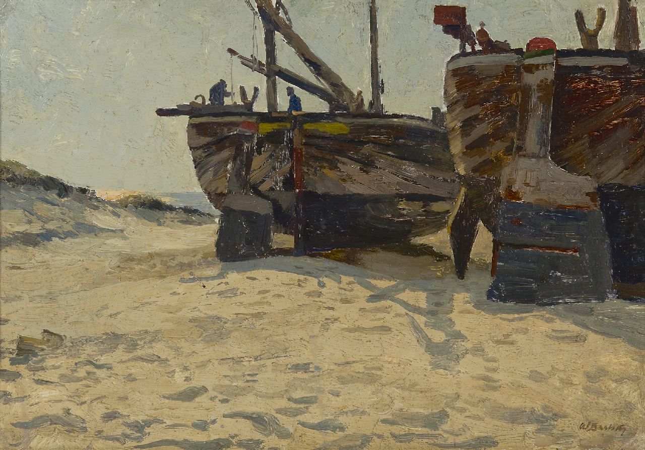 Wilhelm Bartsch | Fishing boats on the beach, oil on canvas laid down on cardboard, 34.3 x 49.1 cm, signed l.r. and without frame