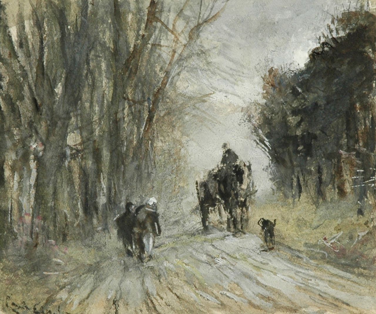 Apol L.F.H.  | Lodewijk Franciscus Hendrik 'Louis' Apol, Horse and carriage and figures on a snowy forest path, watercolour on paper 10.8 x 13.4 cm, signed l.l. (vague)
