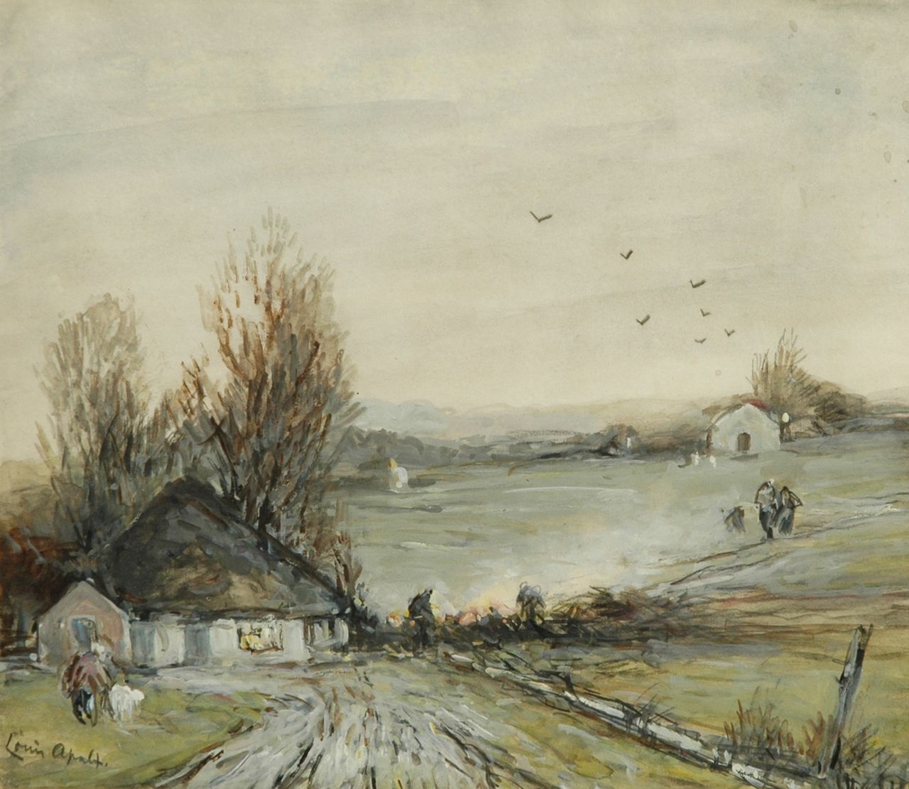 Apol L.F.H.  | Lodewijk Franciscus Hendrik 'Louis' Apol, Farmers stoking up a fire near a farm, pencil and watercolour on paper 21.9 x 24.9 cm, signed l.l.