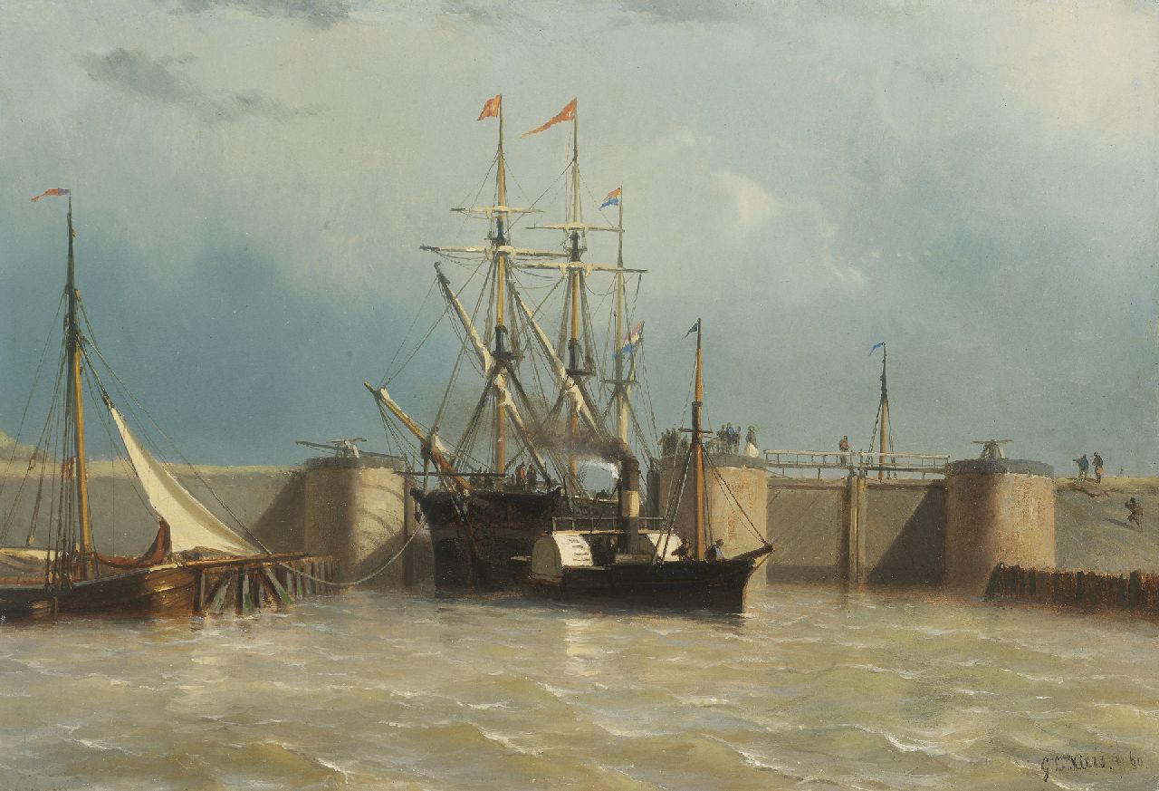 Kiers G.L.  | George Lourens Kiers, Paddler towboat with a three-master near the Willemsluis, Amsterdam, seen from the IJ, oil on panel 26.9 x 39.1 cm, signed l.r. and dated '60