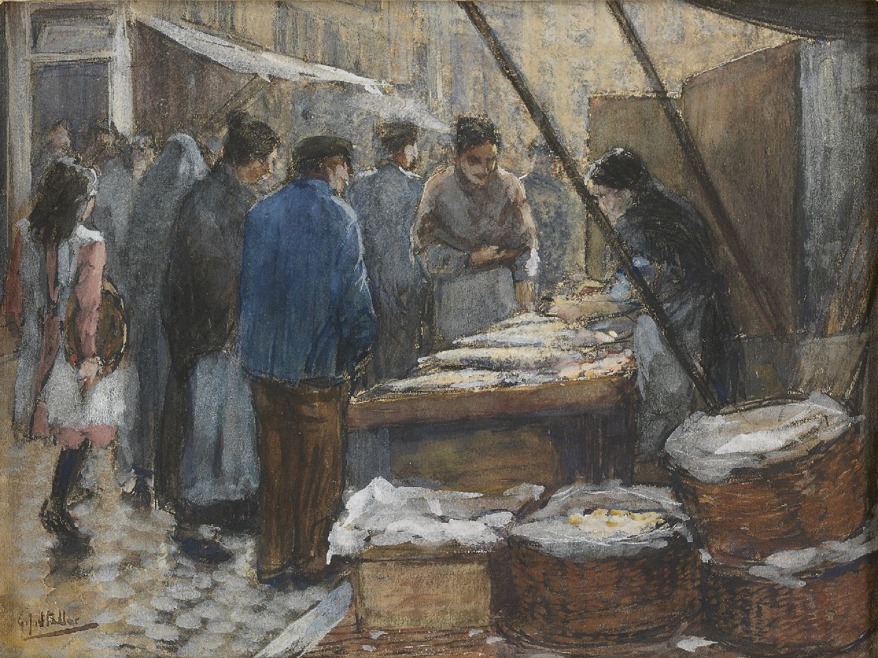 Staller G.J.  | Gerard Johan Staller, Figures at a fish market stall, Amsterdam, watercolour and gouache on paper 17.5 x 23.5 cm, signed l.l.