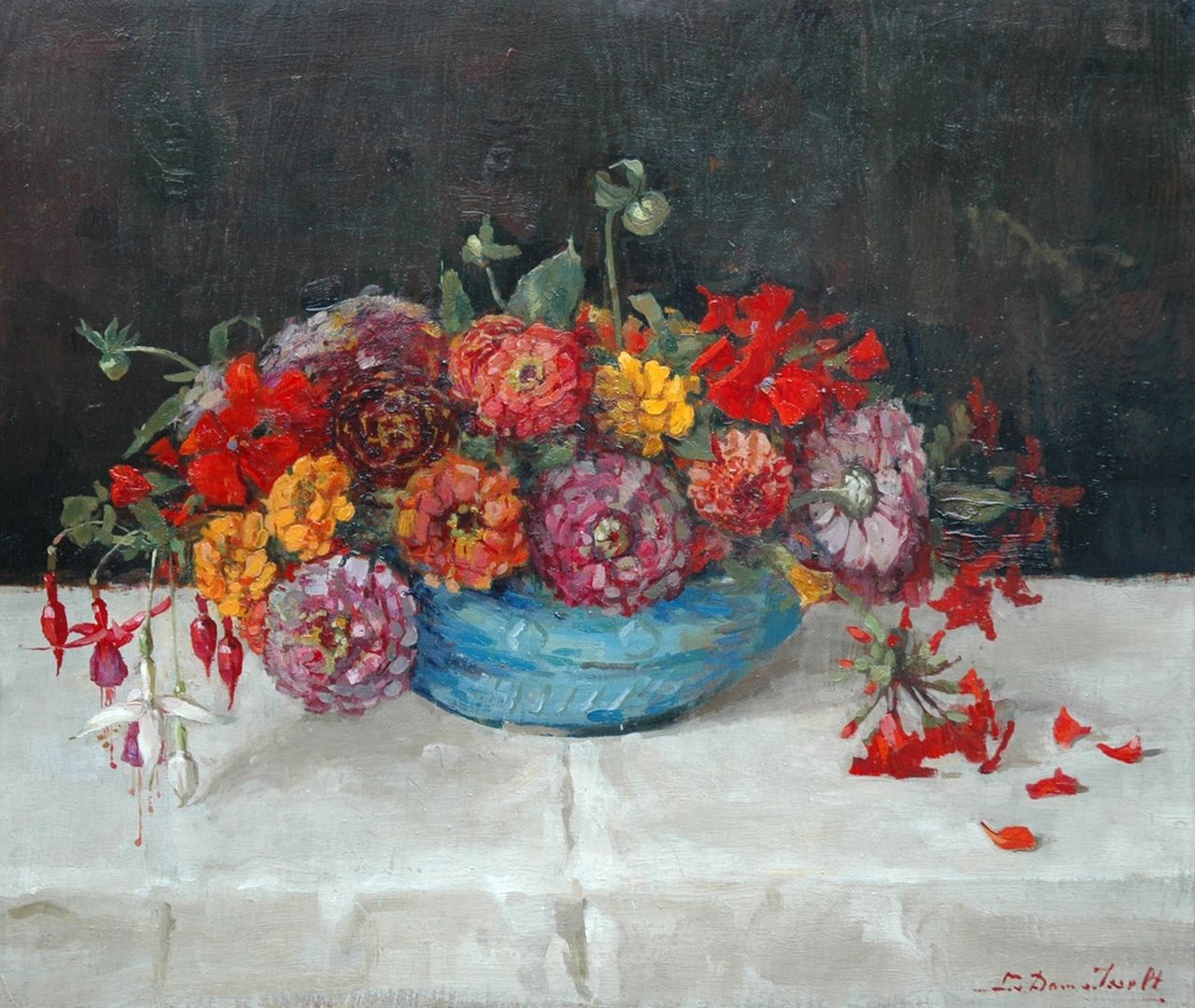 Dam van Isselt L. van | Lucie van Dam van Isselt, Still life with zinnia and fuchsia, oil on panel 46.8 x 55.6 cm, signed l.r.