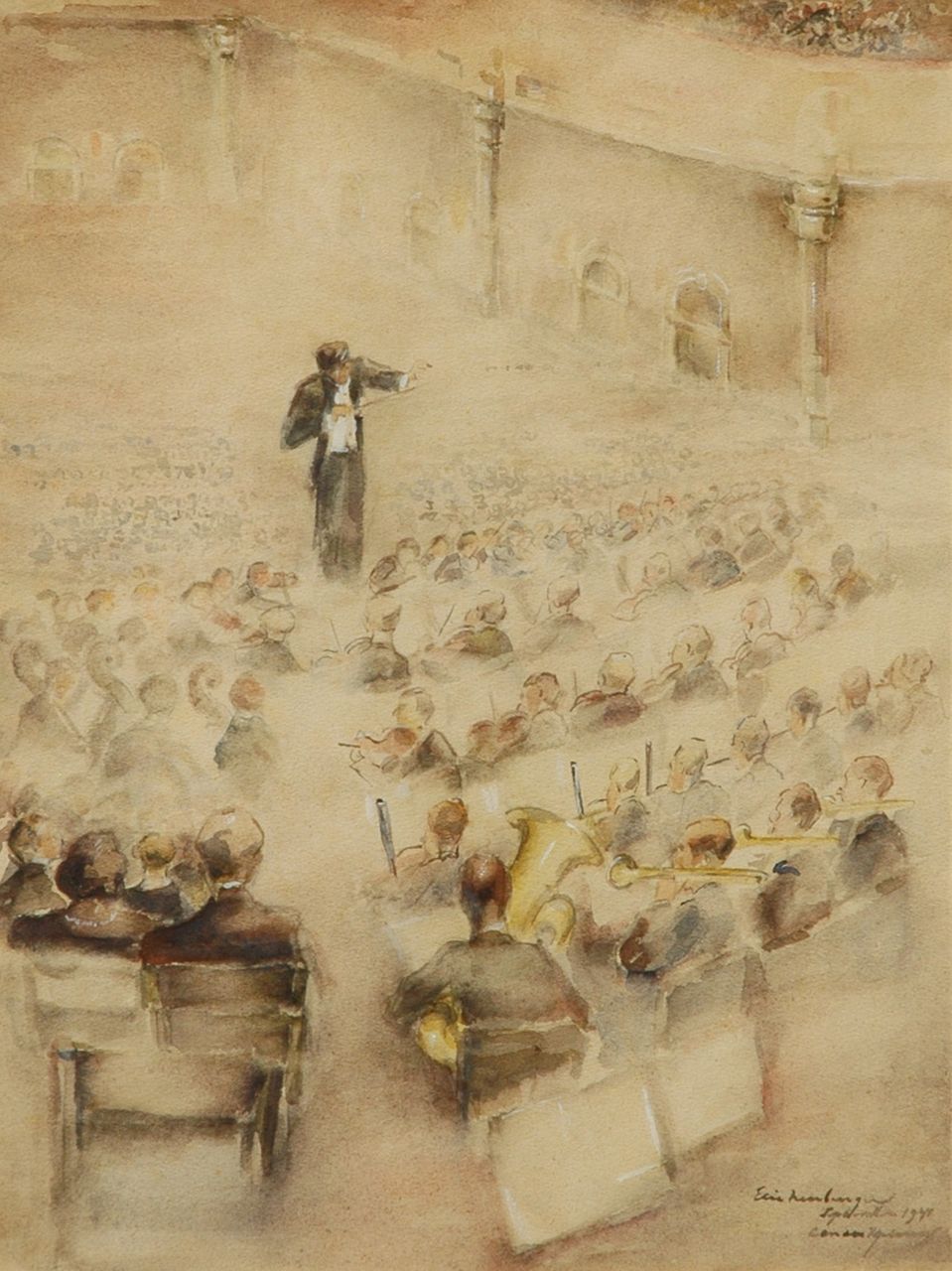 Neuburger E.  | Eliazer 'Elie' Neuburger, In the concert hall, Amsterdam, watercolour on paper 40.0 x 30.0 cm, signed l.r. and dated September 1941