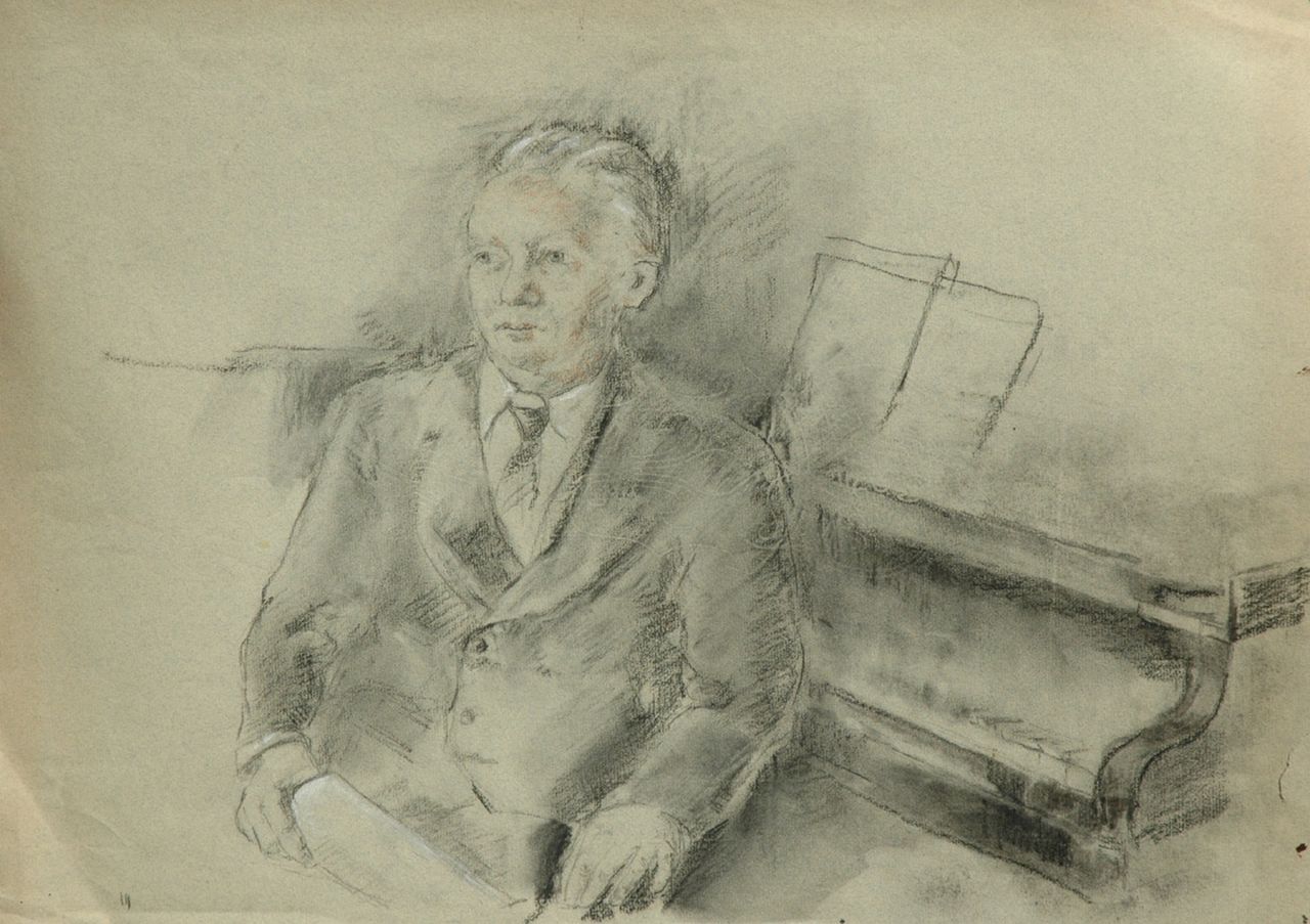 Neuburger E.  | Eliazer 'Elie' Neuburger, Willem Andriessen, seated by a grand piano, charcoal and chalk on coloured paper 42.6 x 60.4 cm