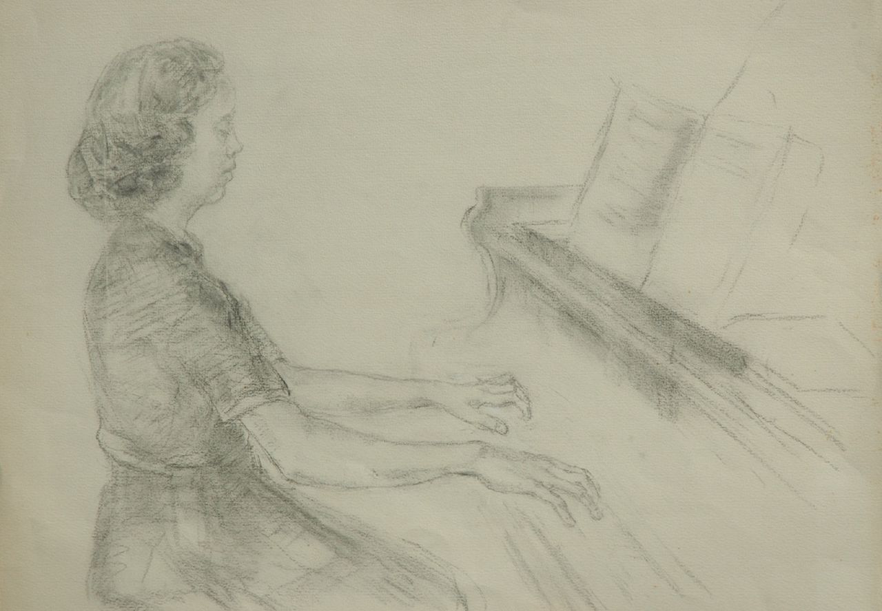 Neuburger E.  | Eliazer 'Elie' Neuburger, Woman playing the piano, sketch, charcoal on paper 55.8 x 76.8 cm