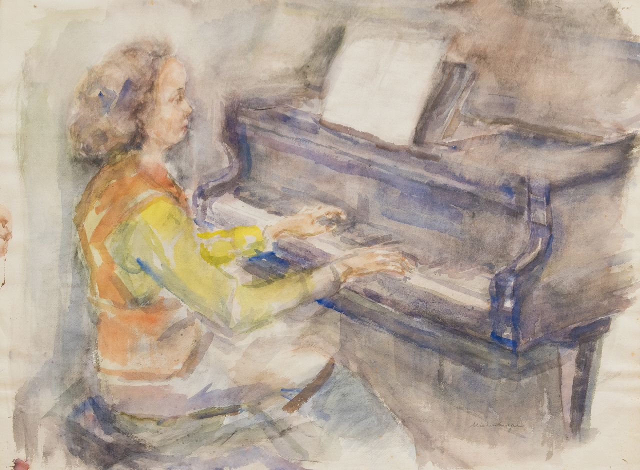Neuburger E.  | Eliazer 'Elie' Neuburger | Watercolours and drawings offered for sale | Playing the piano, charcoal and watercolour on paper 55.8 x 76.3 cm, signed l.r.