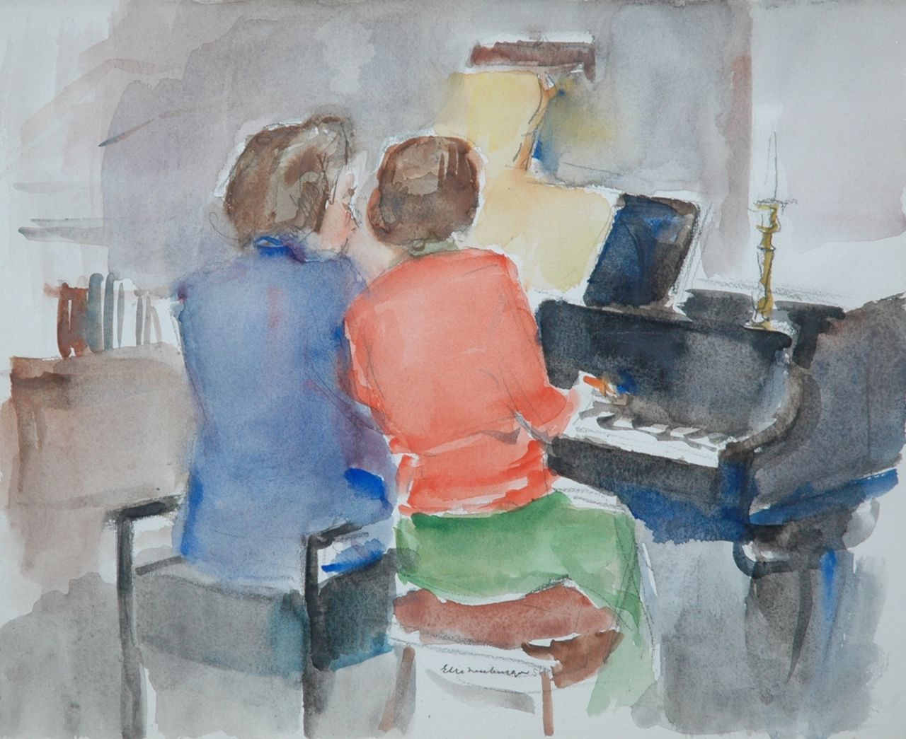 Neuburger E.  | Eliazer 'Elie' Neuburger, Quatre-mains: two women making music, charcoal and watercolour on paper 31.0 x 38.0 cm, signed l.m. and dated '54