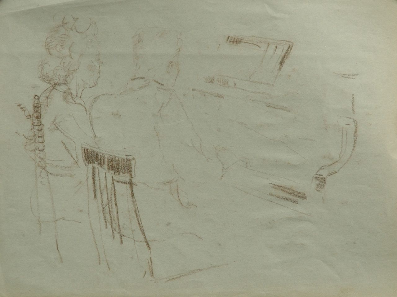 Neuburger E.  | Eliazer 'Elie' Neuburger, Quatre-mains, a sketch, black chalk on coloured paper 27.8 x 37.4 cm