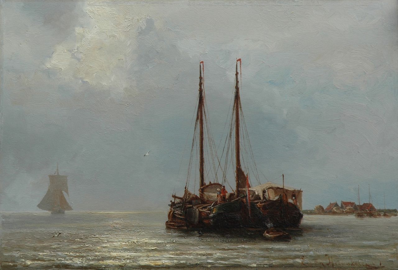 Heemskerck van Beest J.E. van | Jacob Eduard van Heemskerck van Beest, Anchored sailing vessels in a calm, oil on panel 34.3 x 50.1 cm, signed l.r.