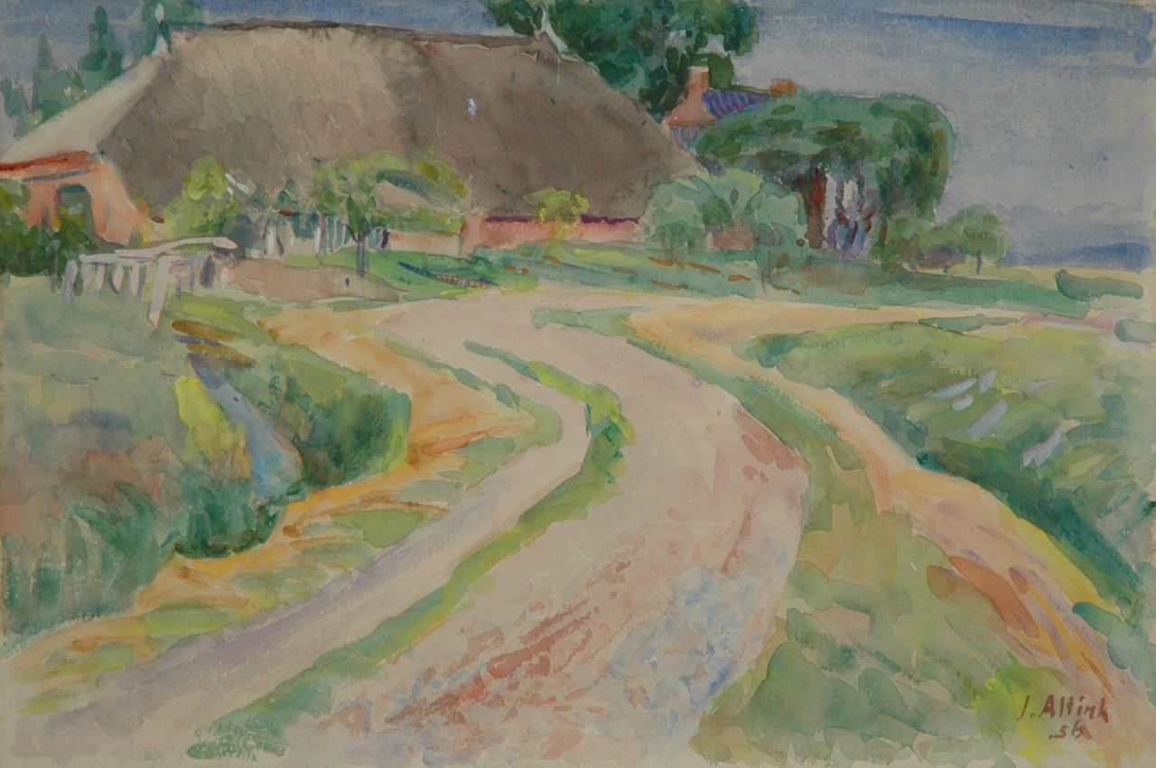 Altink J.  | Jan Altink, Road along a farm, Groningen, watercolour on paper 38.0 x 57.0 cm, signed l.r. and dated '56