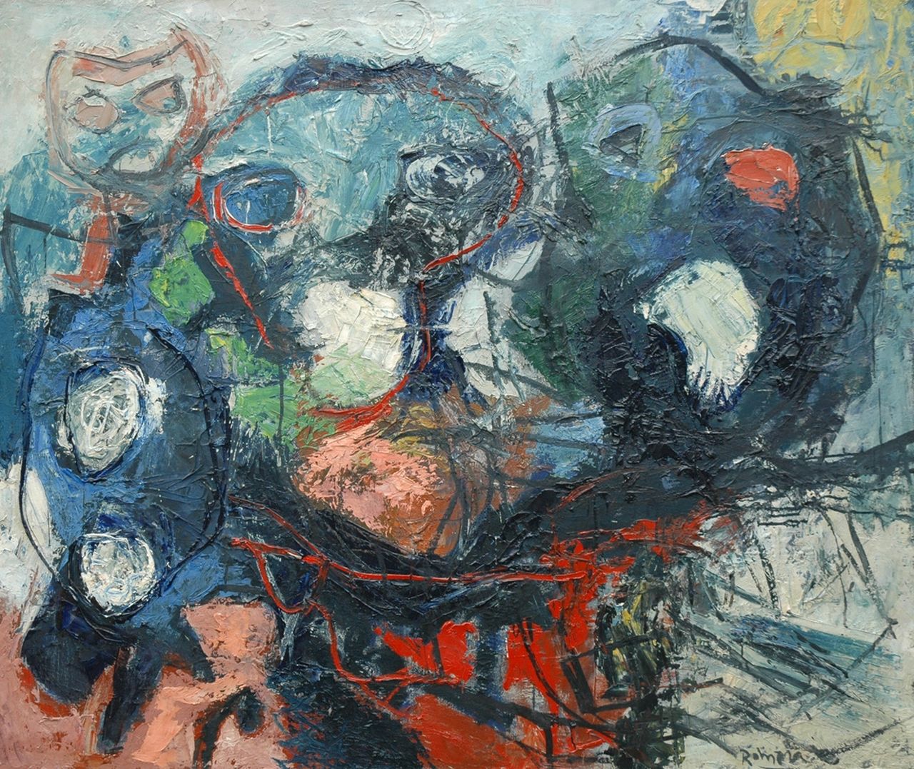 Romera J.  | Julio Romera, Untitled, oil on canvas 110.5 x 130.0 cm, signed l.r. and dated '62/Amsterdam verso