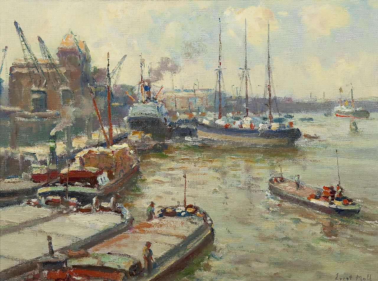 Moll E.  | Evert Moll, Activity in the Maas harbour, oil on canvas 30.3 x 40.3 cm, signed l.r.