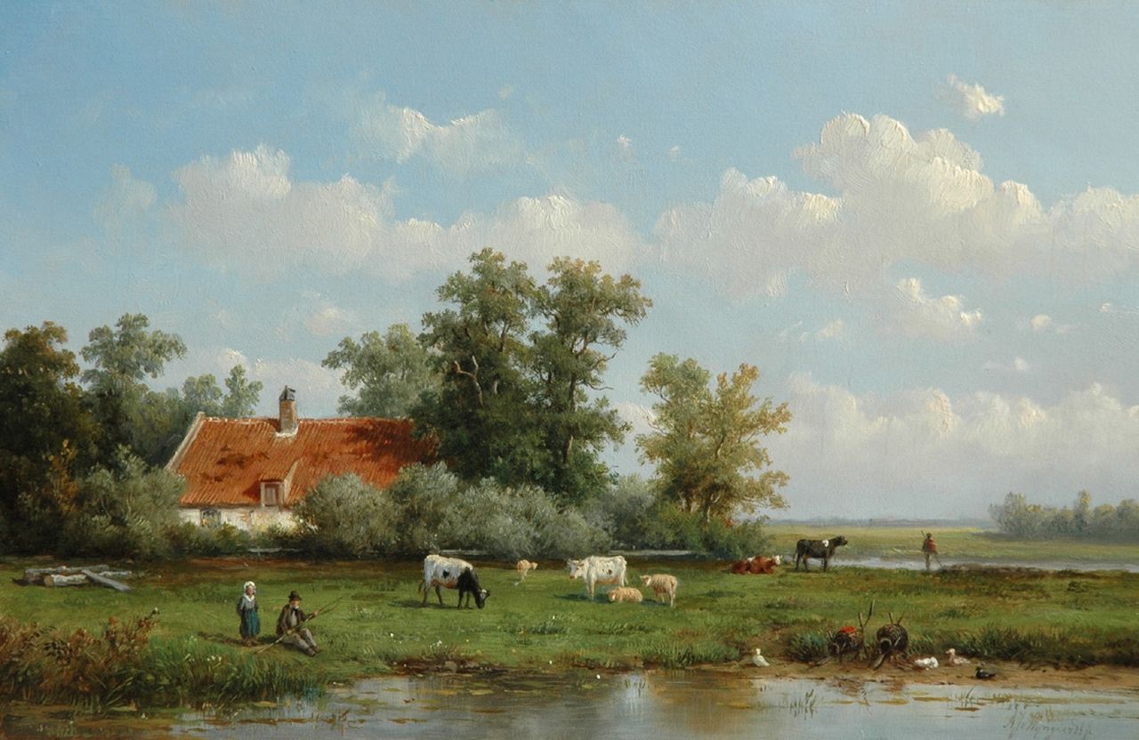 Wijngaerdt A.J. van | Anthonie Jacobus van Wijngaerdt, A peasant with his cattle in a polder landscape, oil on panel 24.1 x 36.8 cm, signed l.r.