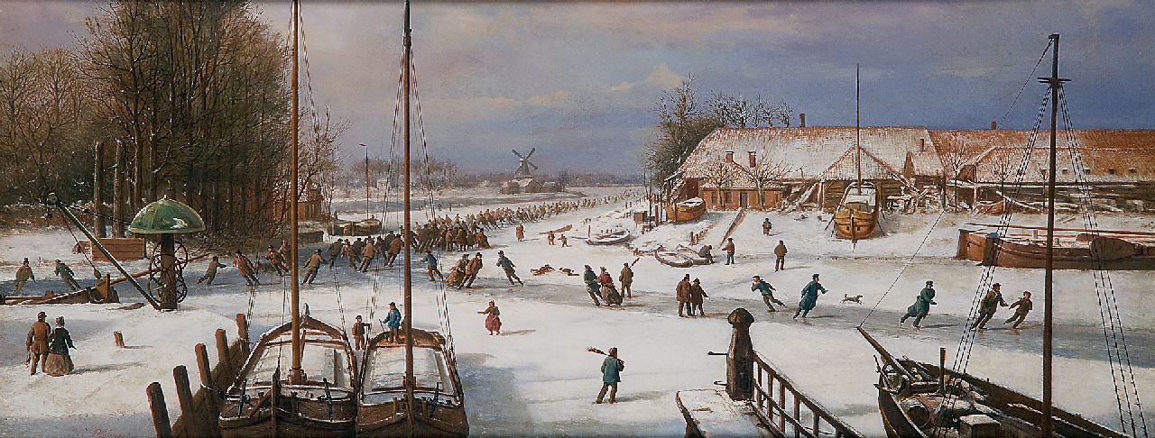 Jacob Plügger | Skaters on a frozen river, oil on panel, 40.5 x 104.0 cm, signed l.l.