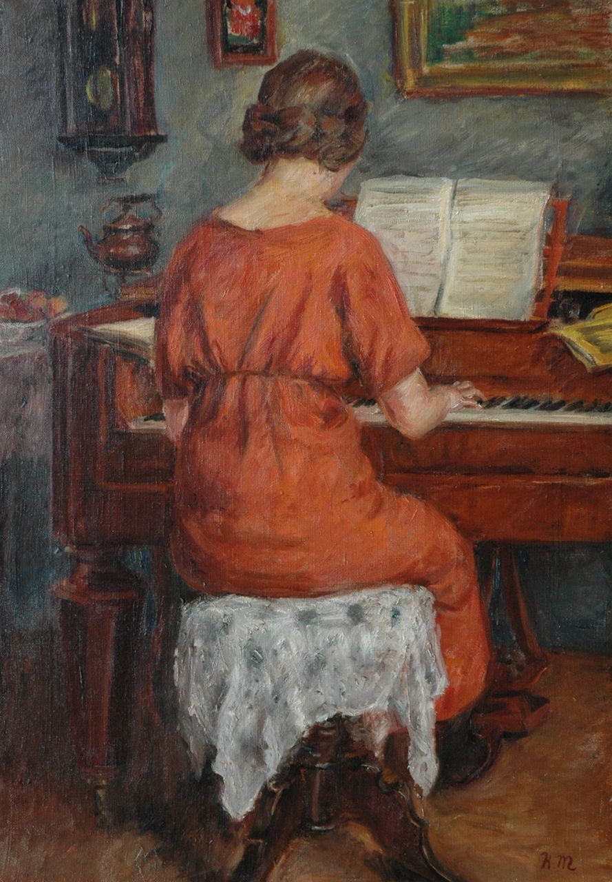 Mirtschin K.  | Käthe Mirtschin, Playing the piano, oil on canvas 64.0 x 45.2 cm, signed l.r. with monogram