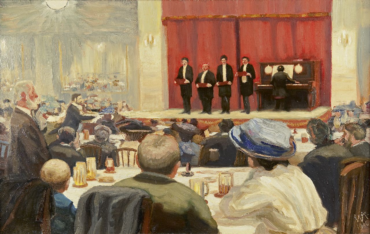 Klemm W.  | Walther Klemm, Singing quartet, oil on painter's cardboard 43.2 x 67.9 cm, signed l.r. with monogram and dated 1910